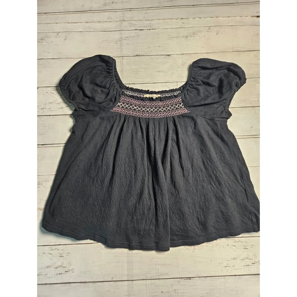 Madewell Womens XS Black Embroidered Smocked Puff Sleeve Peasant Blouse Top